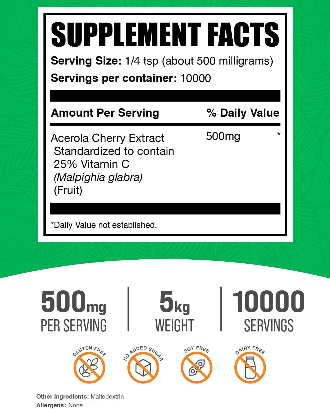 BulkSupplements Extracto de Acerola en Polvo - Vitamina C Natural, 500mg por Ración, 1kg (Paquete de 5)