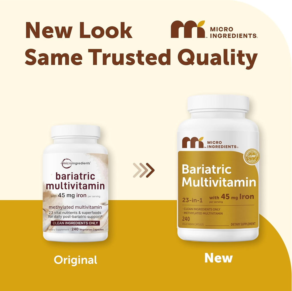 Micro Ingredients Multivitamínico Bariátrico Metilado con 45mg de Hierro para Mujeres y Hombres, 240 Cápsulas Vegetales | 23 Vitaminas Esenciales con D3, K2, Zinc y Más | Sin Rellenos, No Transgénico