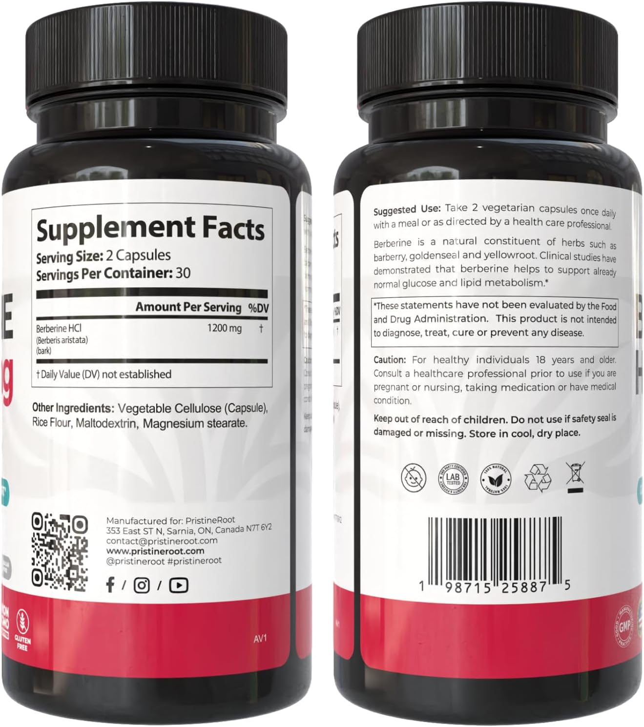 PristineRoot Berberina 1200mg – Suplemento Orgánico de Berberina – 60 Cápsulas