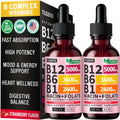 NUSAVA (Pack de 2) Gotas Líquidas de Vitamina B12 5000mcg - B12 Sublingual con B6 y Complejo B - Metilcobalamina para Mujeres y Hombres - Suplemento Vegano, No GMO, Sabor Fresa (2 Fl Oz, 80 Porciones)