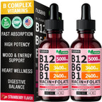NUSAVA (Pack de 2) Gotas Líquidas de Vitamina B12 5000mcg - B12 Sublingual con B6 y Complejo B - Metilcobalamina para Mujeres y Hombres - Suplemento Vegano, No GMO, Sabor Fresa (2 Fl Oz, 80 Porciones)