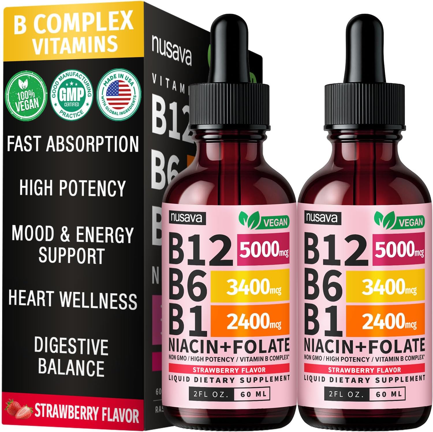 NUSAVA (Pack de 2) Gotas Líquidas de Vitamina B12 5000mcg - B12 Sublingual con B6 y Complejo B - Metilcobalamina para Mujeres y Hombres - Suplemento Vegano, No GMO, Sabor Fresa (2 Fl Oz, 80 Porciones)