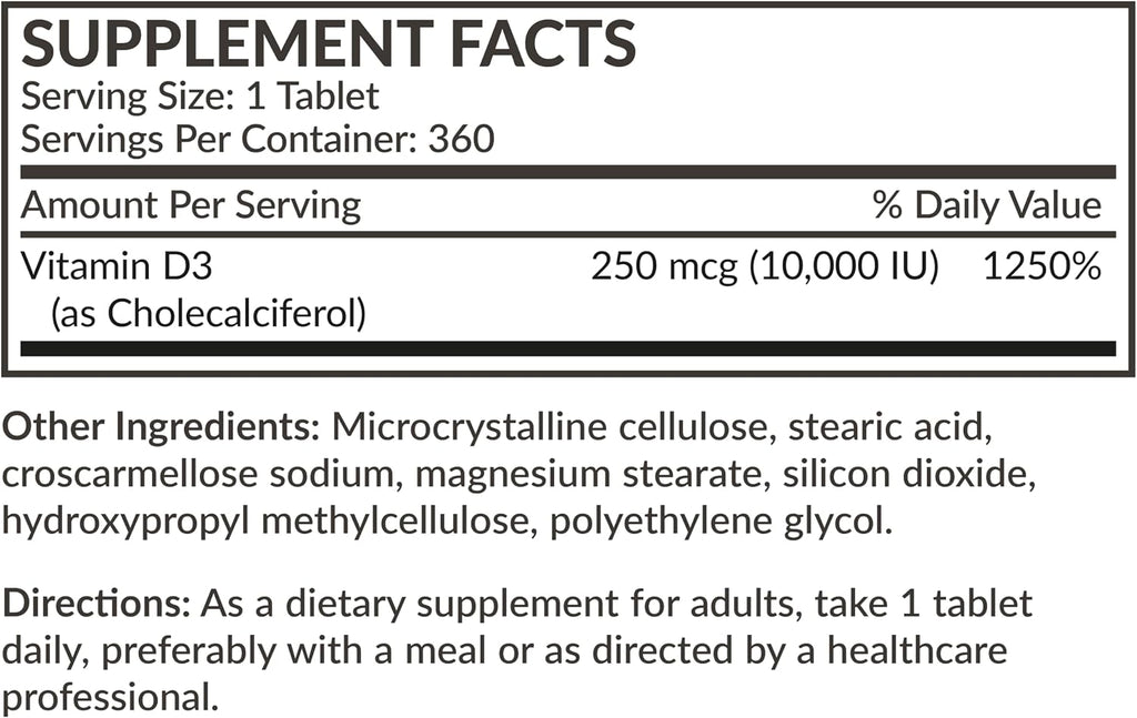 Futurebiotics Vitamina D3 10.000 IU (250 mcg) – 360 Comprimidos para Músculos y Sistema Inmunitario