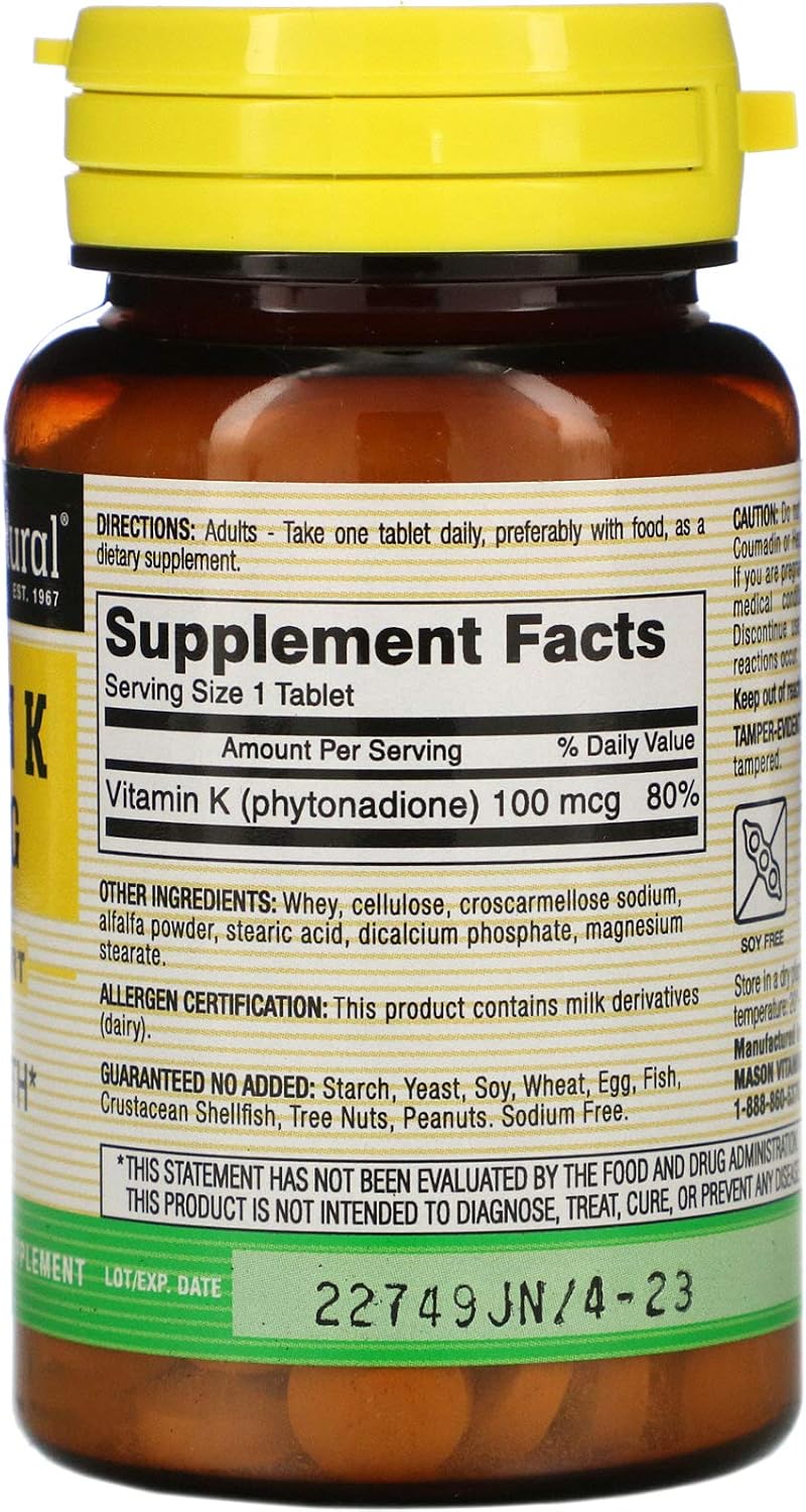 Vitamina K 100 mcg – 100 Comprimidos – Mason Natural