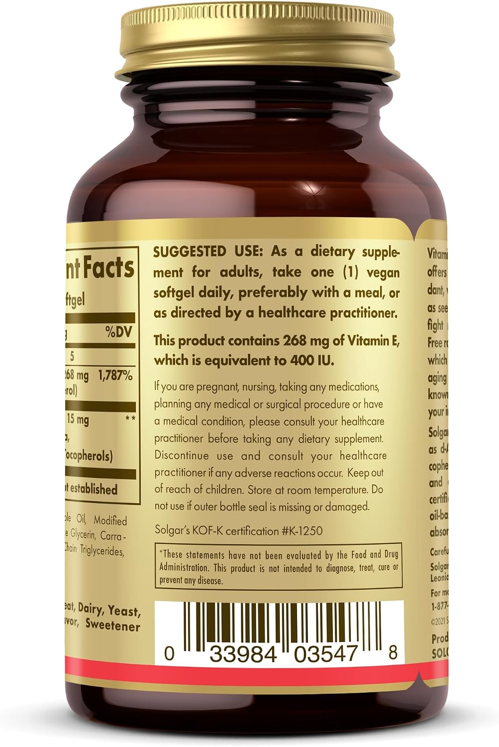 Solgar Vitamin E 268 mg (400 IU) - 100 Vegan Softgels - Natural Source - Non-GMO, Gluten-Free - 100 Servings