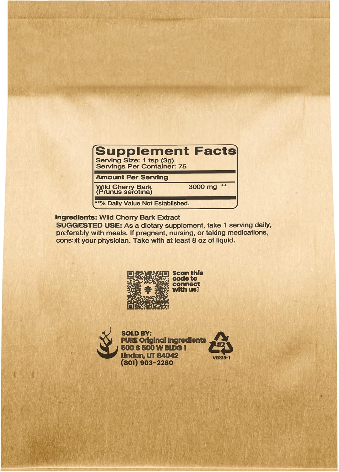 PURE ORIGINAL INGREDIENTS Corteza de Cerezo Silvestre (227 g) - No Transgénico, Sin Rellenos ni Aditivos