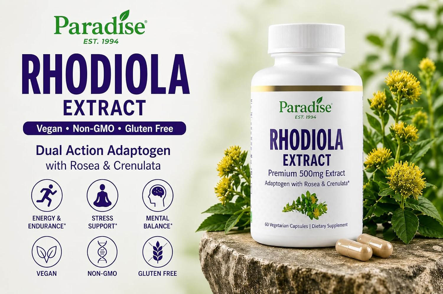 Paradise Herbs Rhodiola Extract 500mg, 60 Cápsulas Vegetales