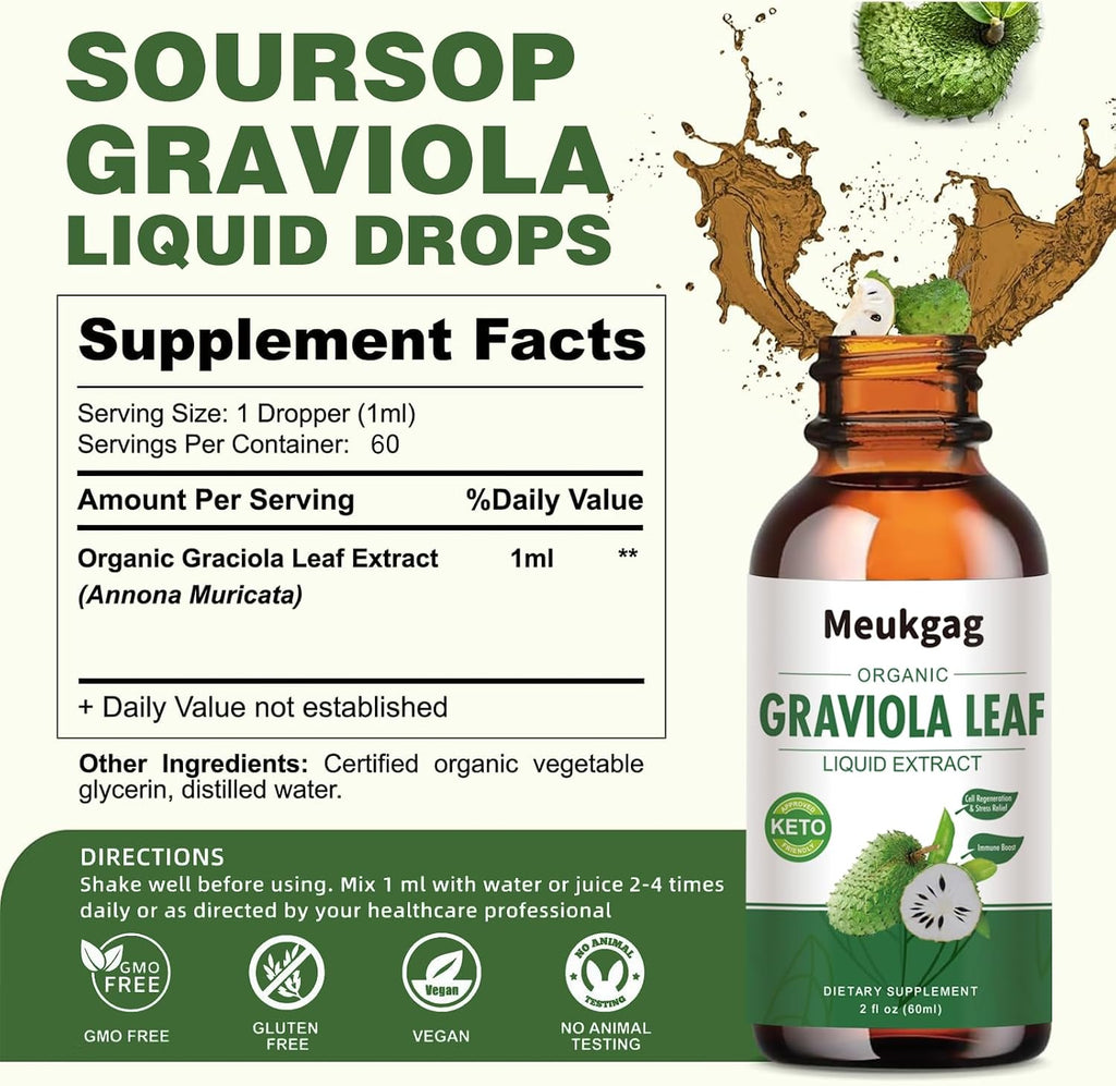 Extracto Líquido de Hojas de Graviola Orgánico | 60 ml (2 meses) | Sin Azúcar, Sin Gluten, Vegano