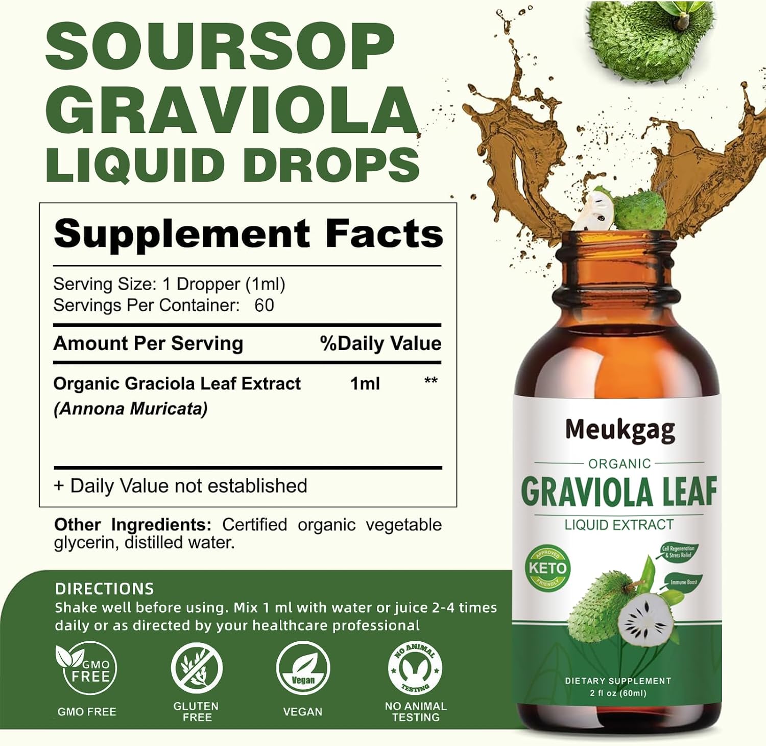 Extracto Líquido de Hojas de Graviola Orgánico | 60 ml (2 meses) | Sin Azúcar, Sin Gluten, Vegano