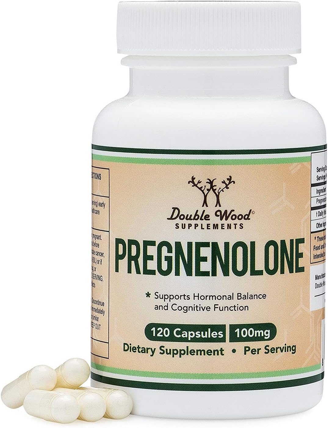 Pregnenolona 100 mg por dosis (Convertido a progesterona) - Probado por terceros - 120 Cápsulas (50 mg por cápsula) No transgénico - Double Wood