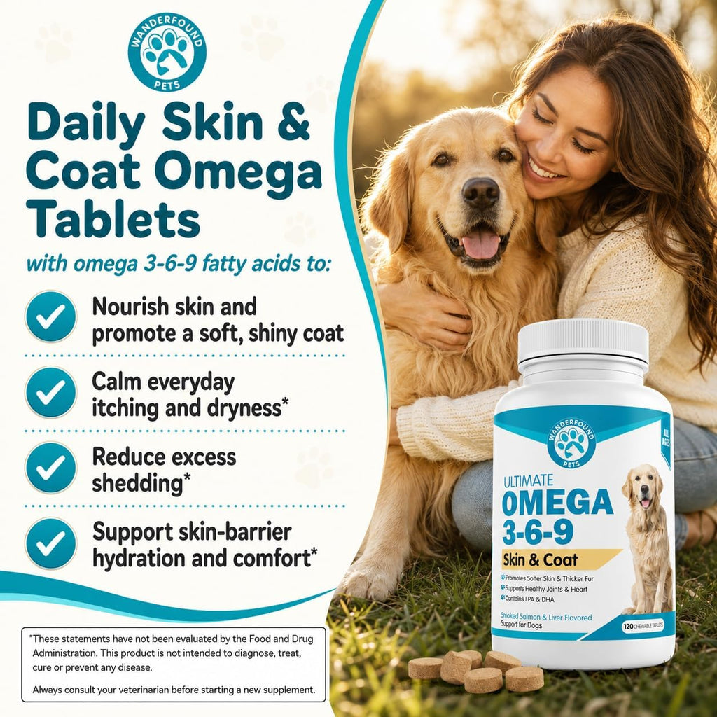 Wanderfound Pets - Omega 3 for Dogs, Smoked Salmon and Liver Flavored, 120 Chewable Tablets