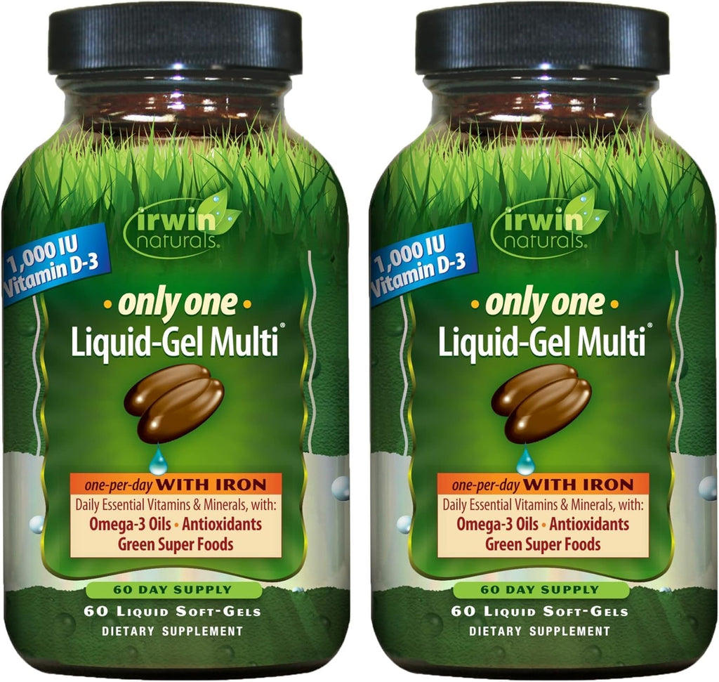 Irwin Naturals Only One Multivitamínico en Gel Líquido con Hierro – 60 Cápsulas Blandas – Pack de 2