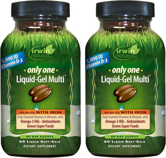 Irwin Naturals Only One Multivitamínico en Gel Líquido con Hierro – 60 Cápsulas Blandas – Pack de 2