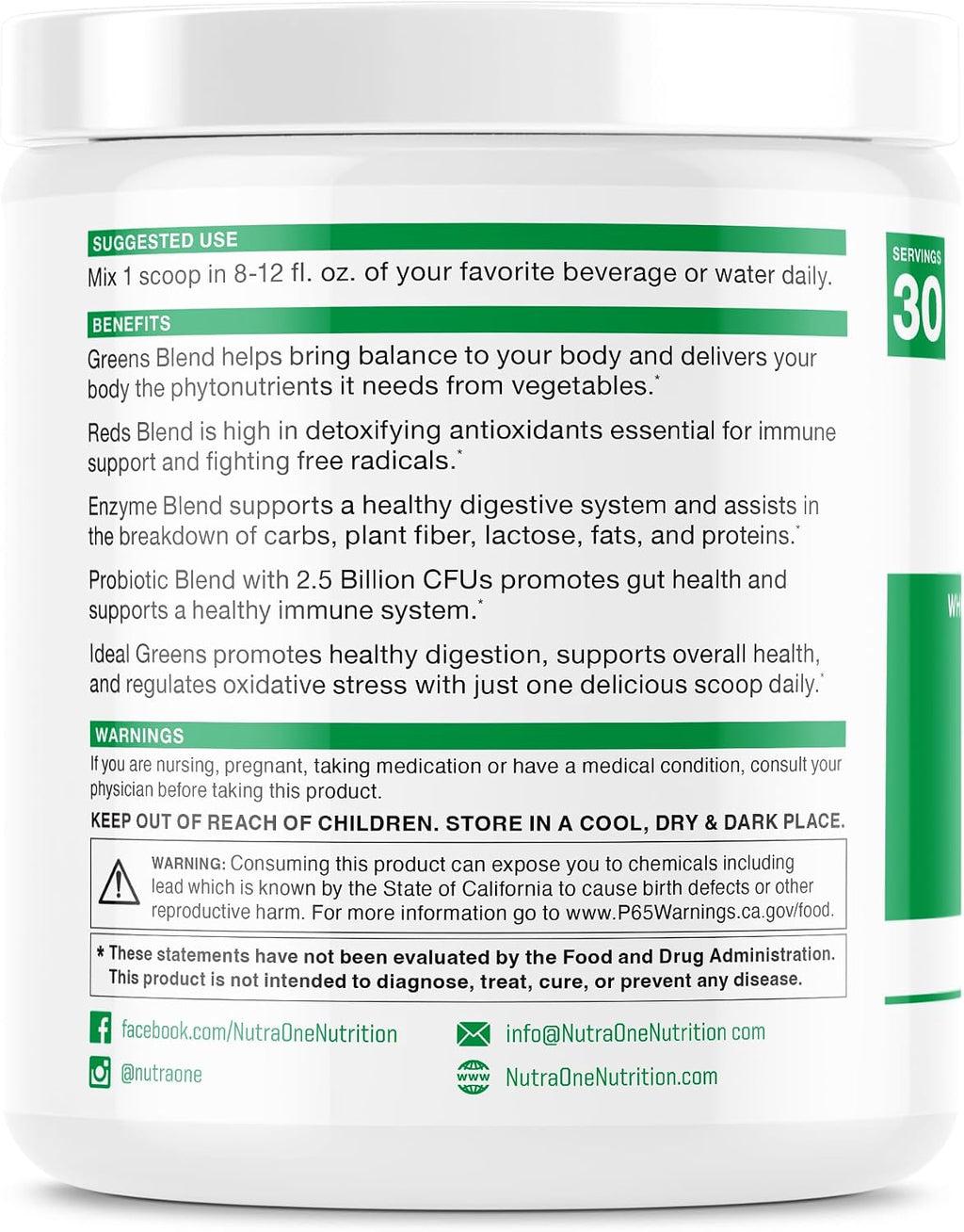 NutraOne Ideal Greens: Suplemento de Superalimentos Verdes en Polvo (30 raciones, sabor bayas)