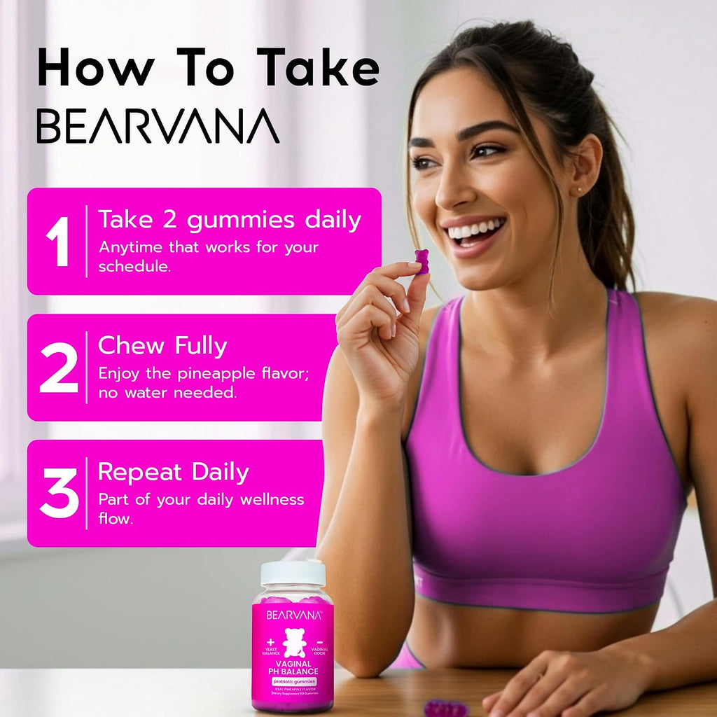 BEARVANA Gominolas de Probióticos y Vitamina C para el Apoyo del pH Vaginal – Suplemento de Bienestar Femenino con Sabor a Piña – 60 Gominolas