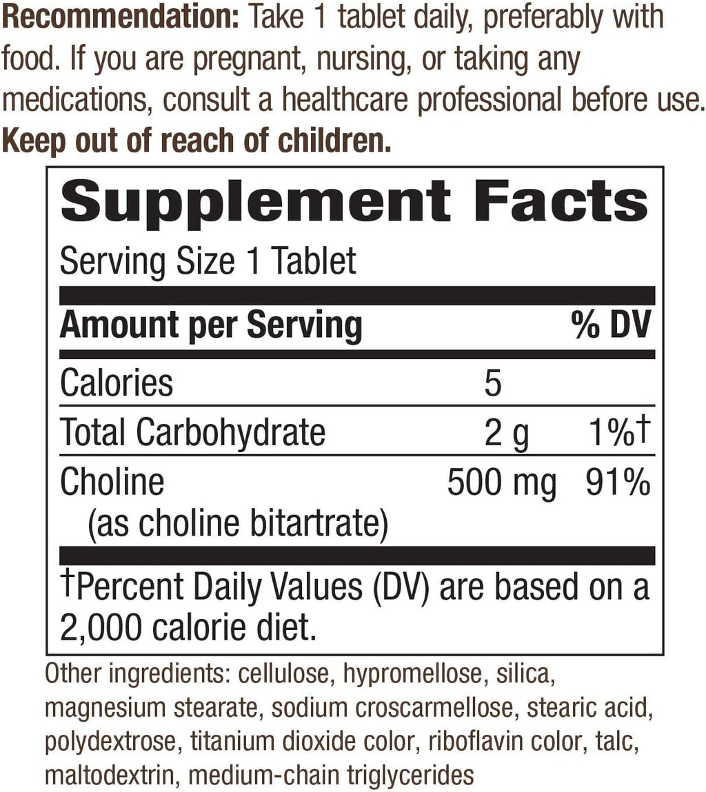 Nature's Way Choline, 500 mg per Serving, 100 Tablets (2-Pack)
