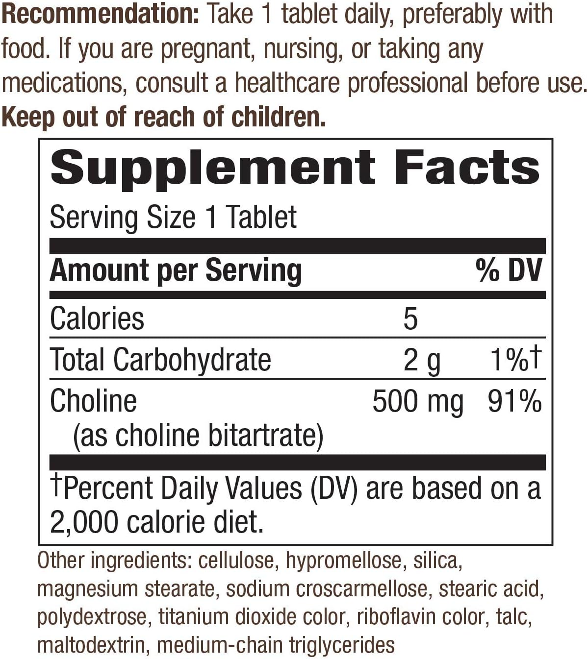 Nature's Way Choline, 500 mg per Serving, 100 Tablets (2-Pack)