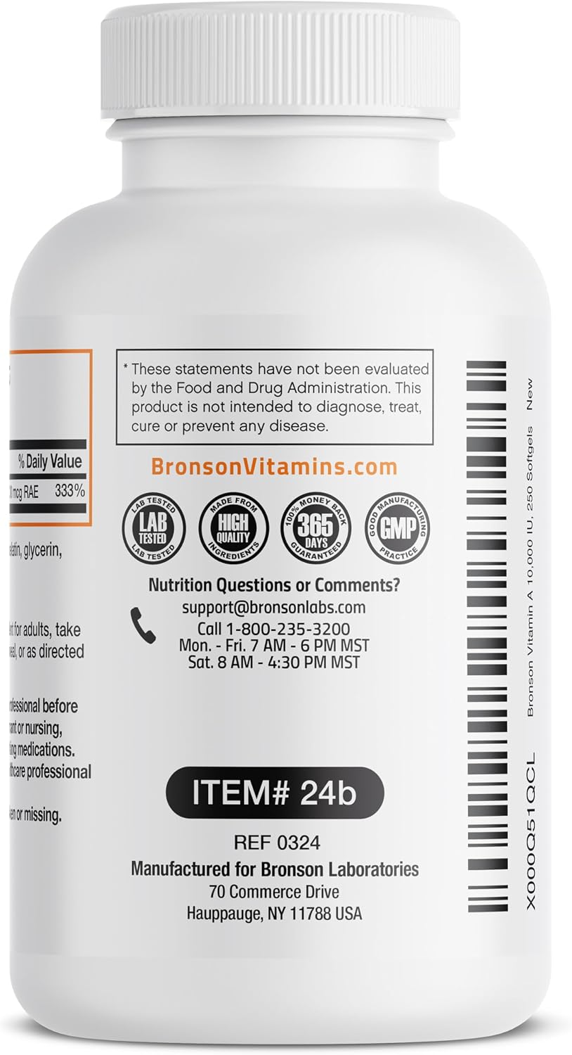Bronson Vitamina A 10.000 UI - 250 Cápsulas Blandas - Fórmula Premium Sin OGM