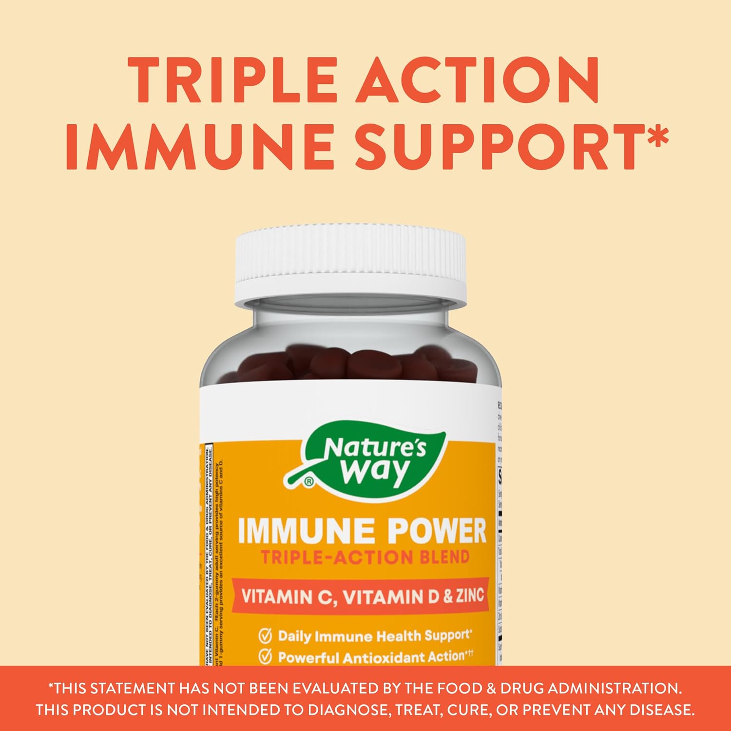 Nature's Way Immune Power, Gominolas de Vitaminas C y D con Zinc, Sabor Fresa-Naranja, 90 Gominolas