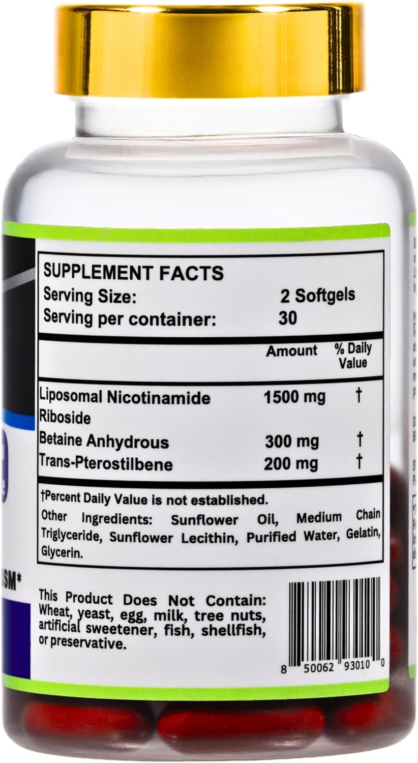 Nikoni Liposomal NAD+ 2000 mg con TMG y Pterostilbeno - 60 Cápsulas Blandas