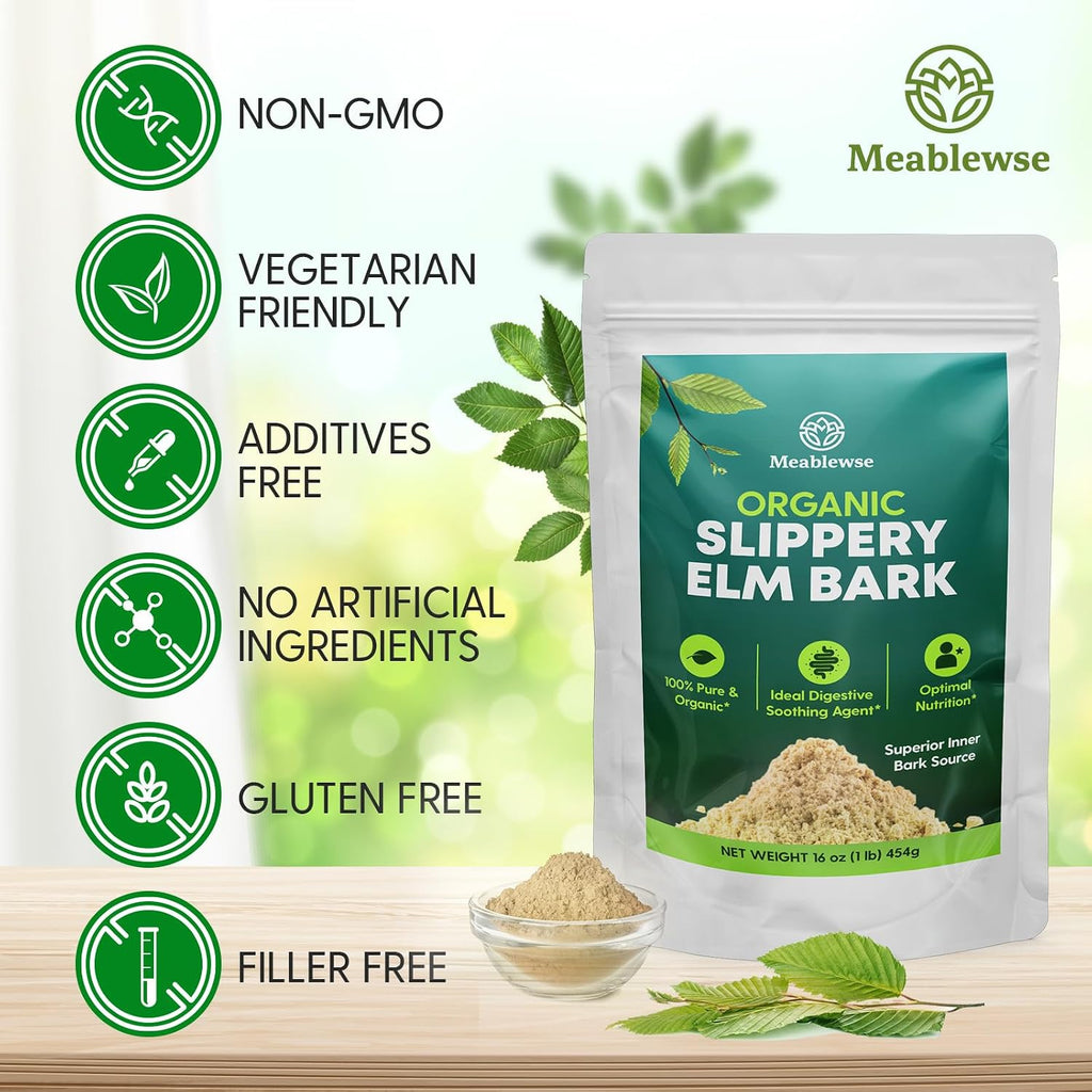 Slippery Elm en Polvo: Corteza Interior Superior 100% Pura, Vegana y sin OGM (1 lb / 349 porciones)