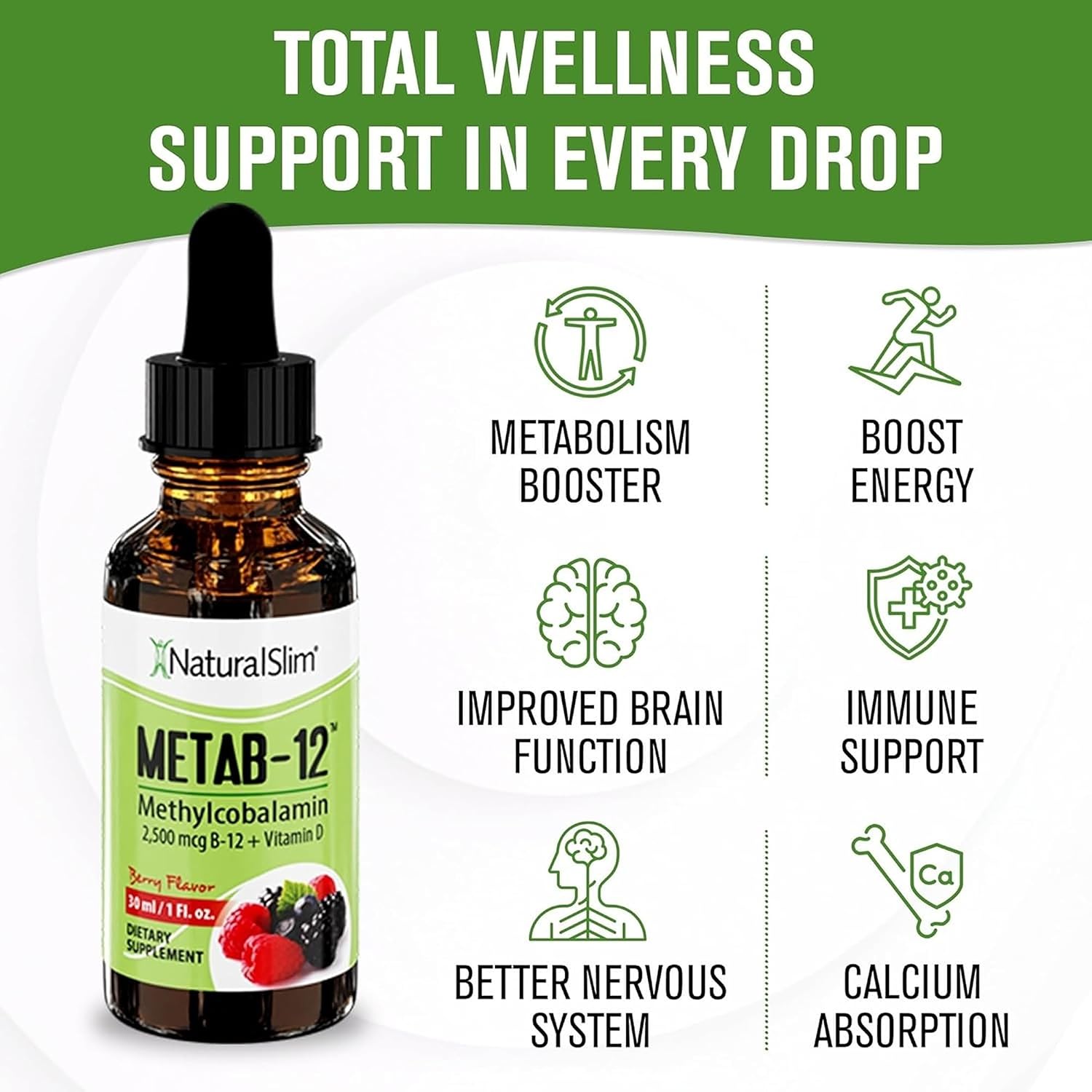 NaturalSlim Metab-12 Vitamina B12 Líquida con Vitamina D3 - Metilcobalamina 2500 mcg - Gotas Sublinguales Sabor Bayas 30 ml