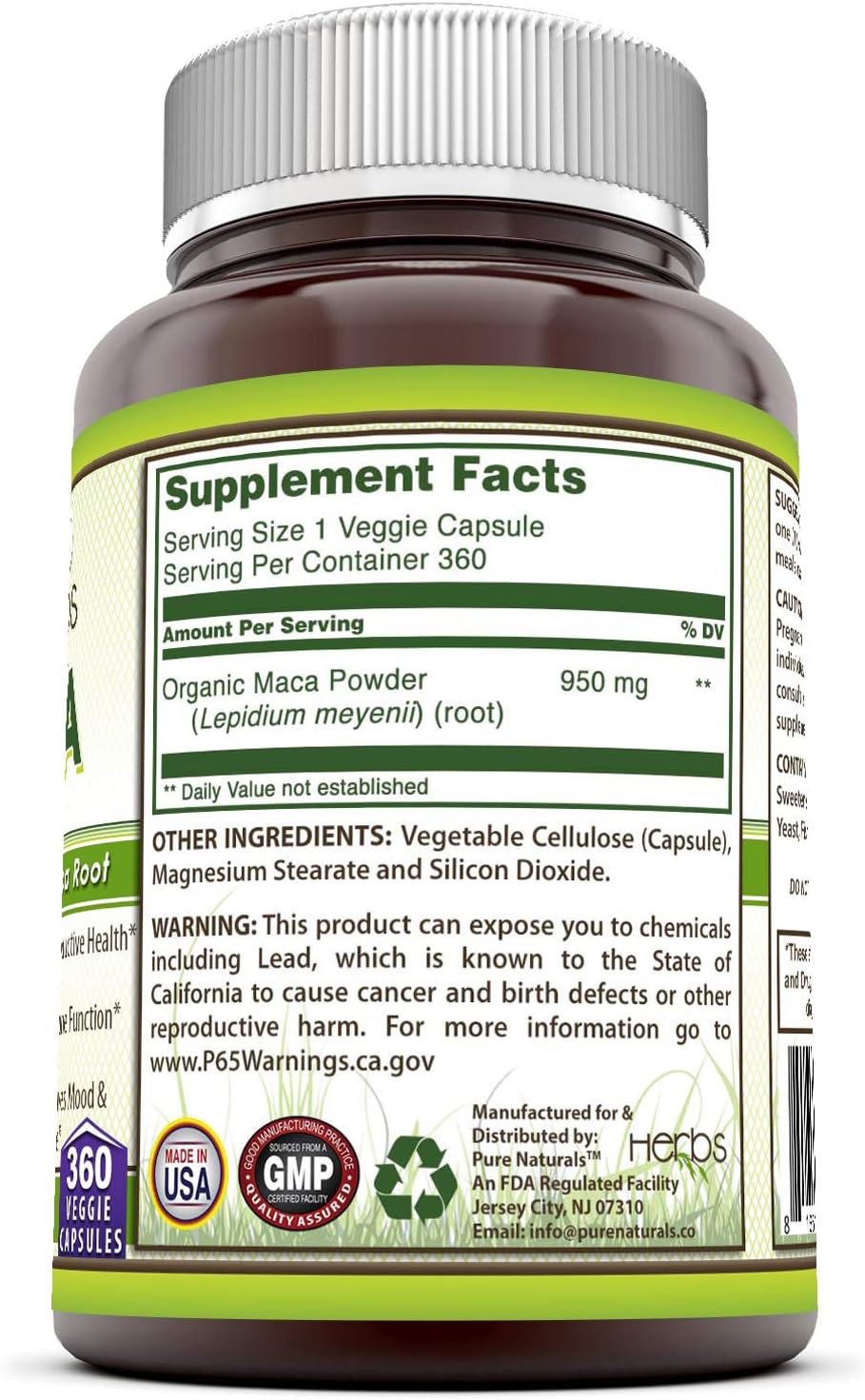 Pure Naturals Maca 950 mg - 360 Cápsulas Vegetales - Complemento Alimenticio No GMO Sin Gluten