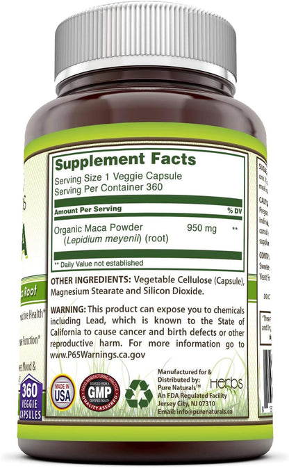 Pure Naturals Maca 950 mg – 360 Cápsulas – Fabricado bajo GMP: Producido en instalaciones que cumplen con las – Image 3