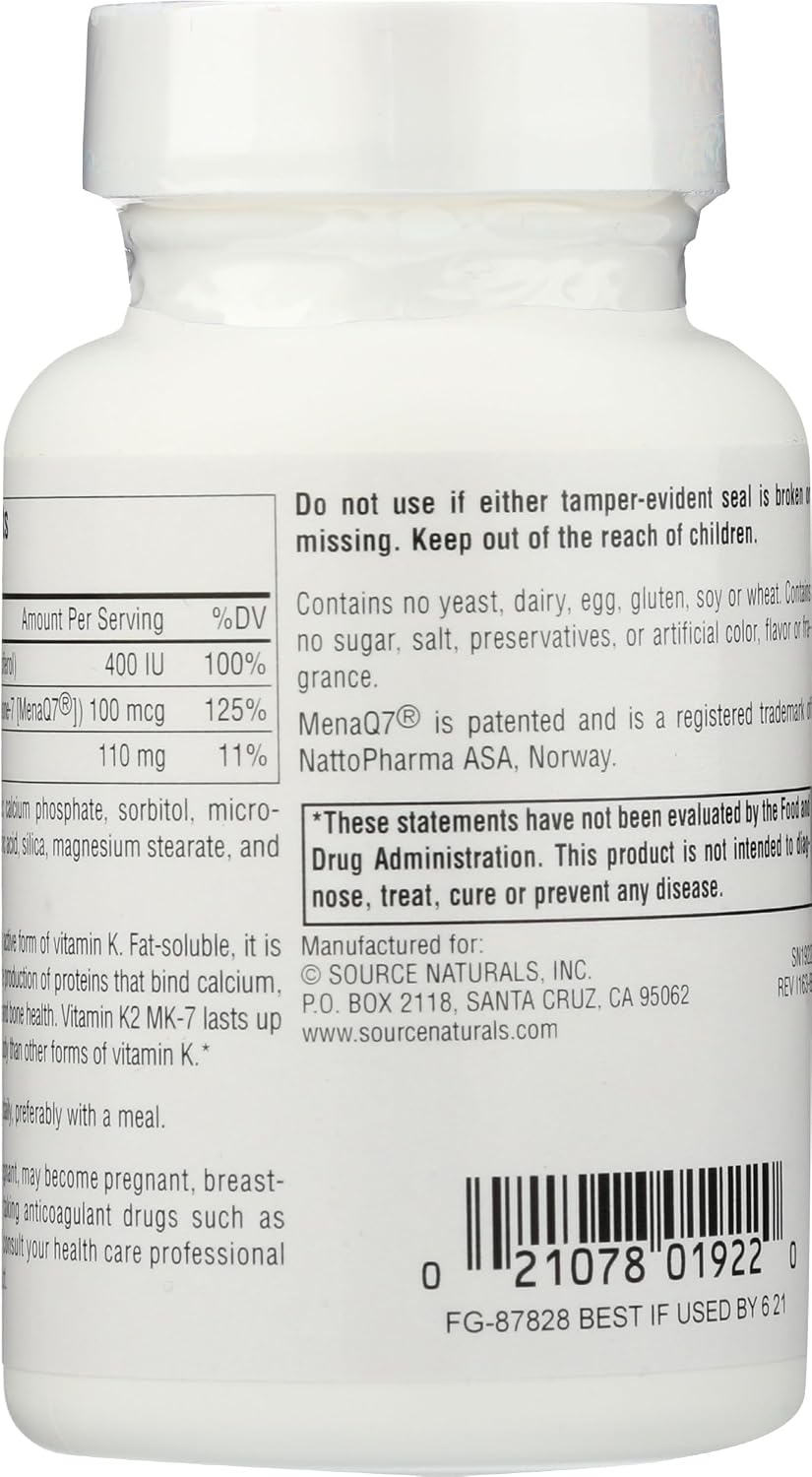 Source Naturals Vitamina K2 + D3 Complejo para Huesos y Corazón - 400 UI Vitamina D3 y 100 mcg Vitamina K2 (MK-7) con Calcio - 60 Comprimidos
