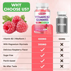 Gominolas de Vitamina B2 (Riboflavina) 400 mg con Magnesio – Sin Azúcar, Veganas, Sabor Frambuesa – 60 Unidades