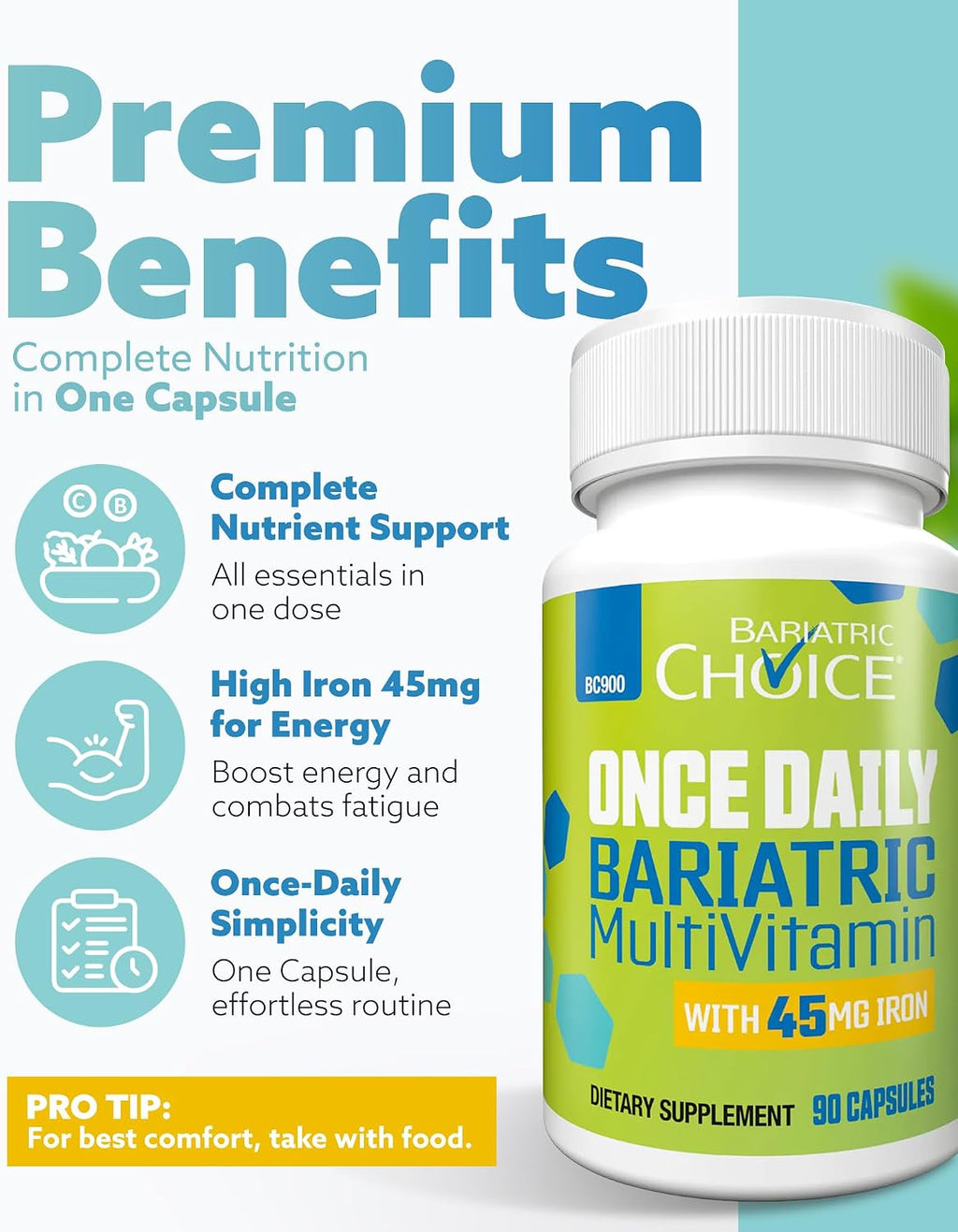 Bariátrico Multivitamínico con Hierro 45mg – Una Vez al Día – Cápsulas Fáciles de Tragar – 90 Cápsulas (Suministro 3 Meses)