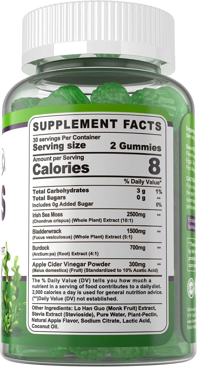 Sea Moss Gummies (2 Pack) - Gomitas de Musgo Marino Irlandés con Bladderwrack, Bardana y Vinagre de Manzana - Suplemento Superfood Vegano Sin Azúcar para Adultos y Niños