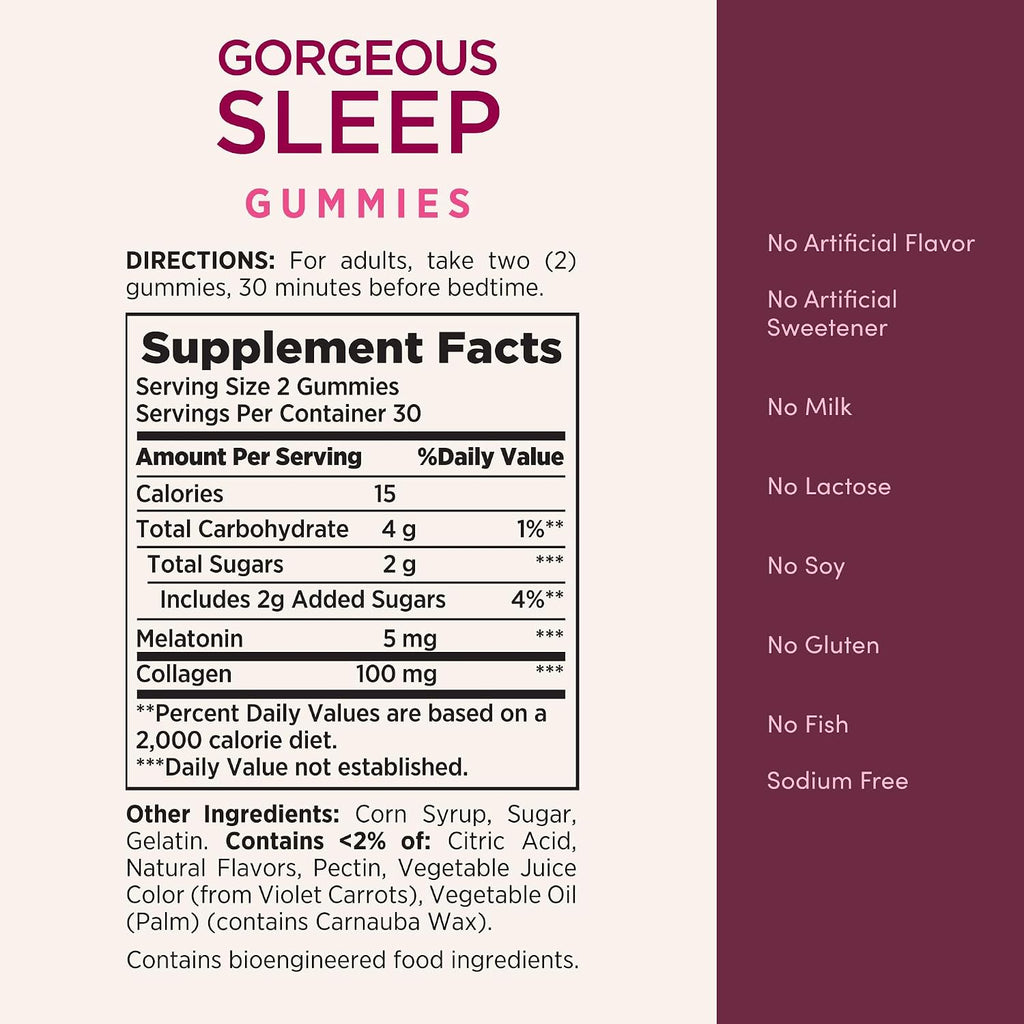 Nature's Bounty Optimal Solutions Gorgeous Sleep Melatonina 5 mg Gominolas con Colágeno, 60 Gominolas (30 Porciones)
