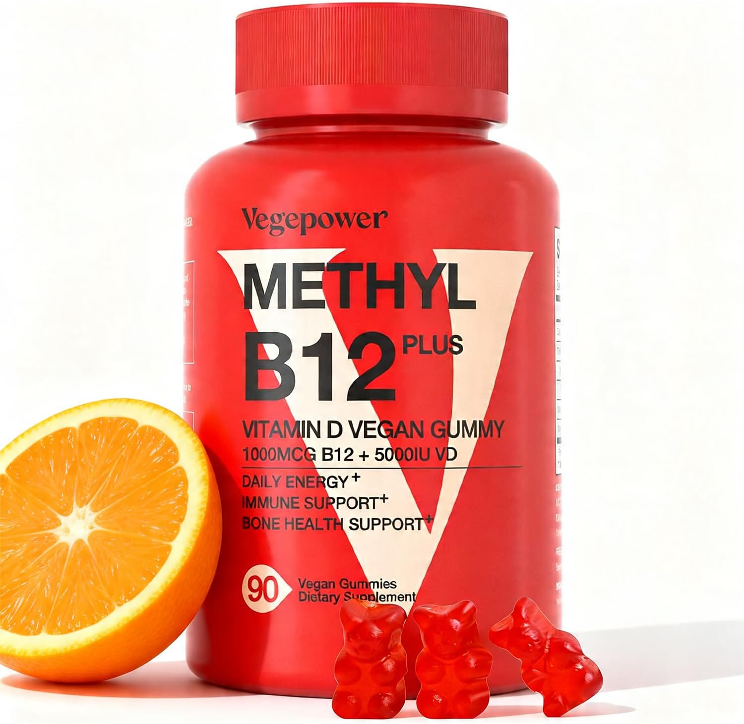 VEGEPOWER Gominolas Veganas de Vitamina D3 y B12, Metilcobalamina, para Adultos y Niños, Sabor Naranja, 90 Gominolas