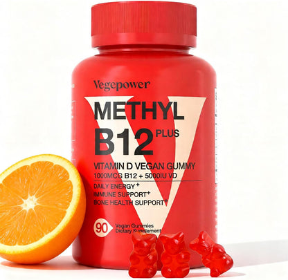 VEGEPOWER Gominolas Veganas de Vitamina D3 y B12, Metilcobalamina, para Adultos y Niños, Sabor Naranja, 90 Gominolas – Image 1