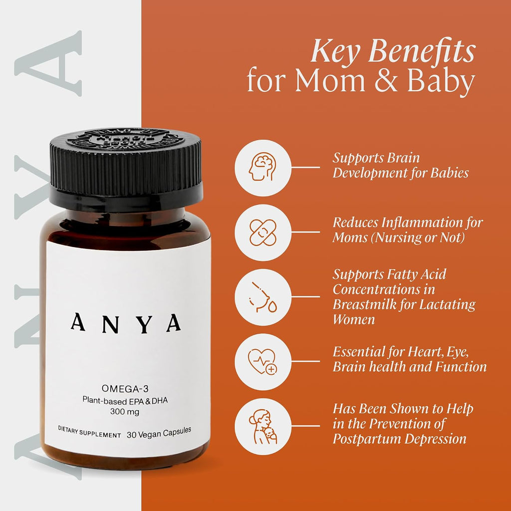 ANYA Omega 3 con 300mg de DHA y EPA, Ingredientes Limpios, Sin OGM, 100% Vegano, Sin Gluten, Soja ni Lácteos. Suplemento para Mujeres, Vitamina Prenatal y Postnatal para Apoyo en Lactancia
