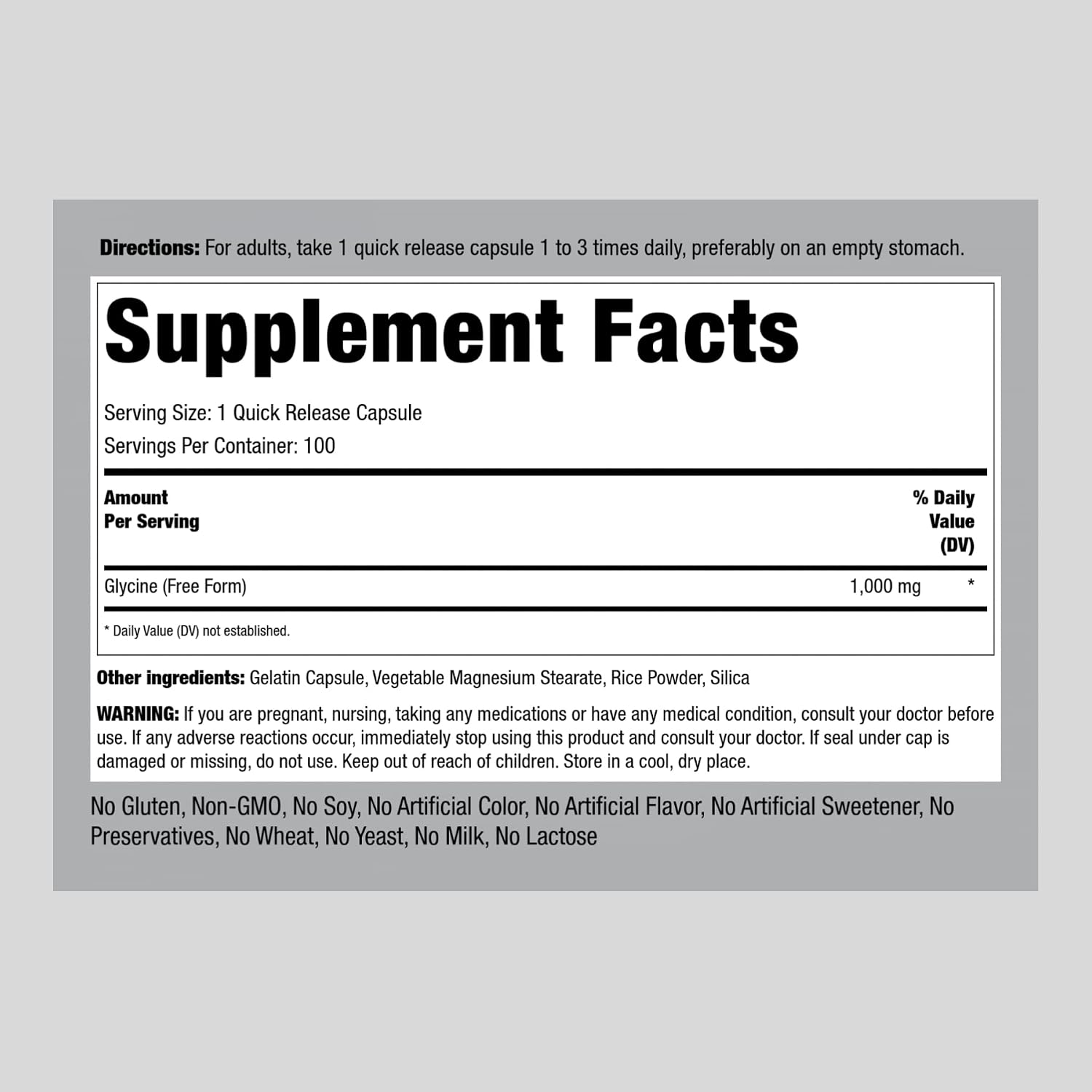 Piping Rock Glicina Cápsulas 1000mg | 100 Cápsulas | Libre de OGM, Sin Gluten