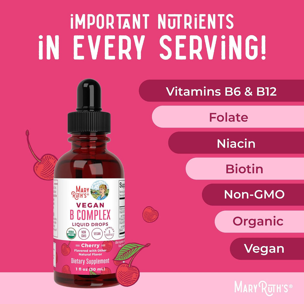 MARYRUTH'S Organics Complejo B | Gotas Líquidas de Vitaminas B | Biotina | B12 | Niacina | Folato | Apoyo Metabólico | Vegano | Orgánico | Sin Gluten