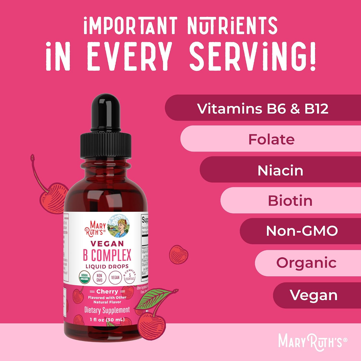 MARYRUTH'S Organics Complejo B | Gotas Líquidas de Vitaminas B | Biotina | B12 | Niacina | Folato | Apoyo Metabólico | Vegano | Orgánico | Sin Gluten