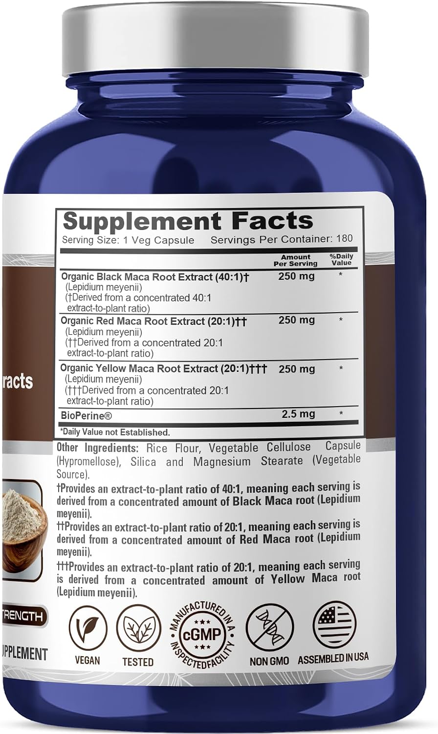 NusaPure Maca Root Negra, Roja y Amarilla - 180 Cápsulas Veganas (750 mg)