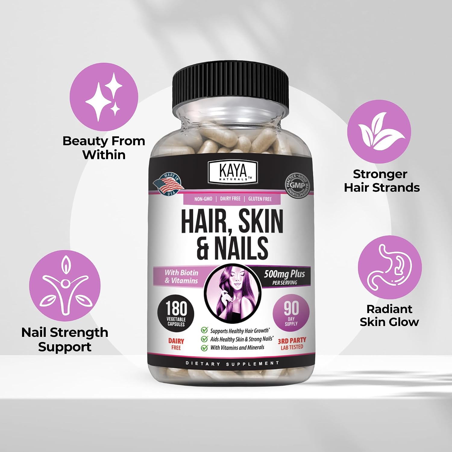 Kaya Naturals Cápsulas para Cabello, Piel y Uñas con Biotina y Vitaminas - 180 Cápsulas
