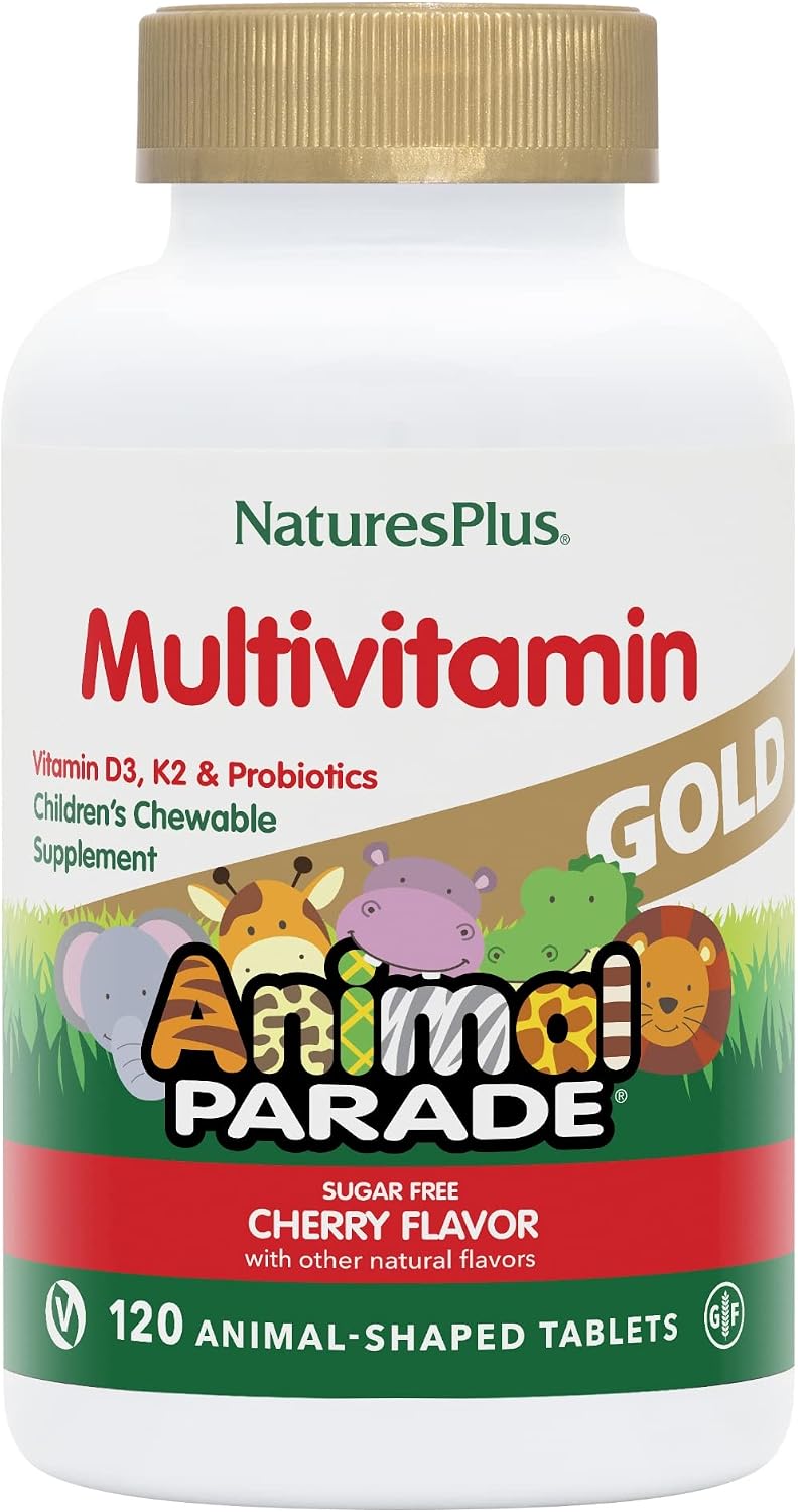 NaturesPlus Animal Parade Gold Children's Chewable Multivitamin - Natural Cherry Flavor - 120 Animal-Shaped Tablets - with Vitamin D3, K2 & Probiotics - Gluten-Free & Vegetarian - 60 Servings