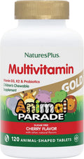 NaturesPlus Animal Parade Gold Children's Chewable Multivitamin - Natural Cherry Flavor - 120 Animal-Shaped Tablets - with Vitamin D3, K2 & Probiotics - Gluten-Free & Vegetarian - 60 Servings