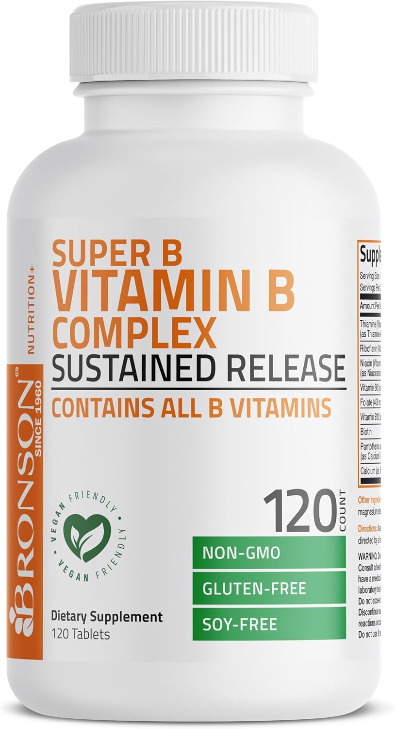 Bronson Super B Complejo B con Liberación Sostenida (Vitaminas B1, B2, B3, B6, B9, B12, Biotina) 120 Comprimidos