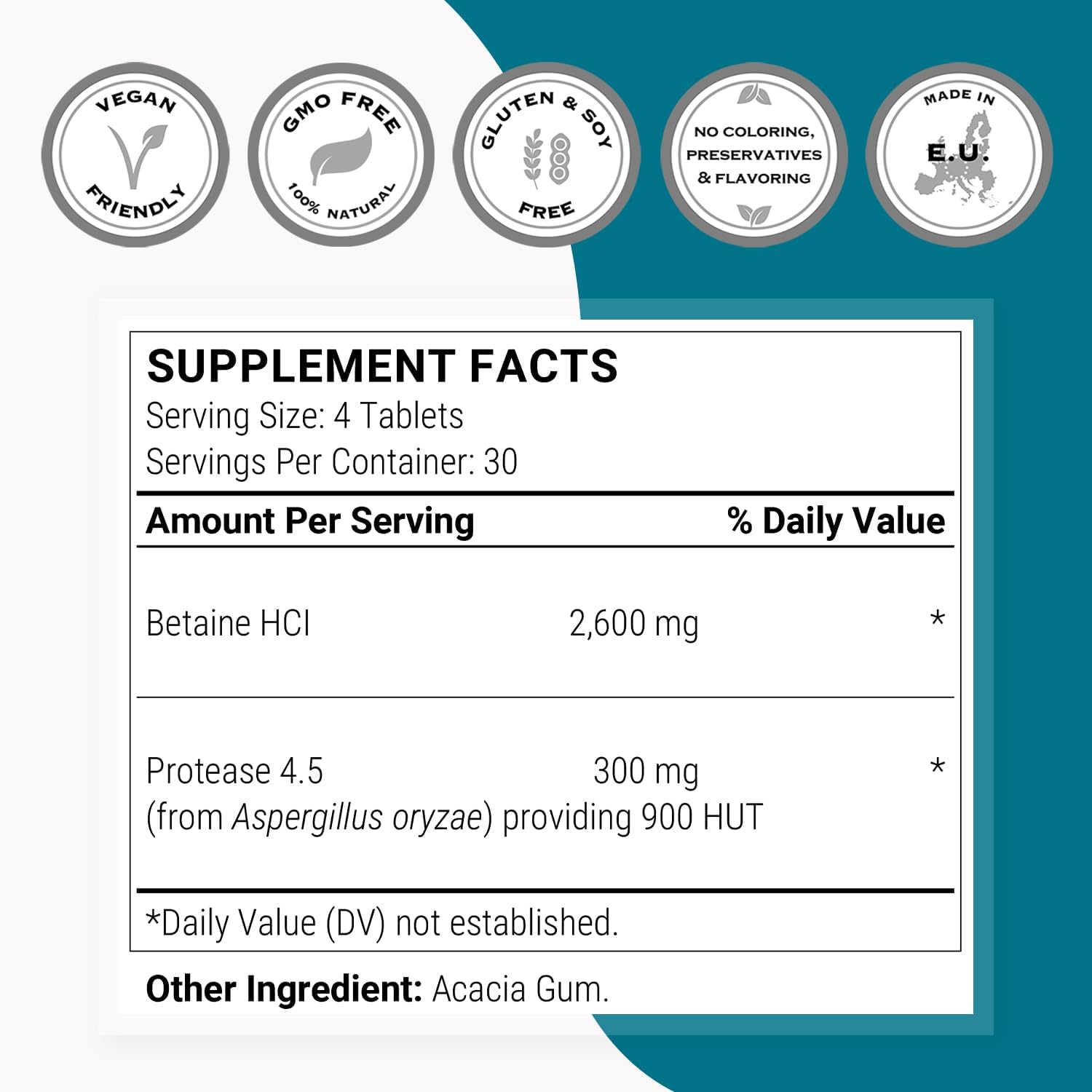 Supersmart - Betaina HCI 2600 mg - 120 Comprimidos - Fórmula de Ácido Clorhídrico para una Digestión Saludable
