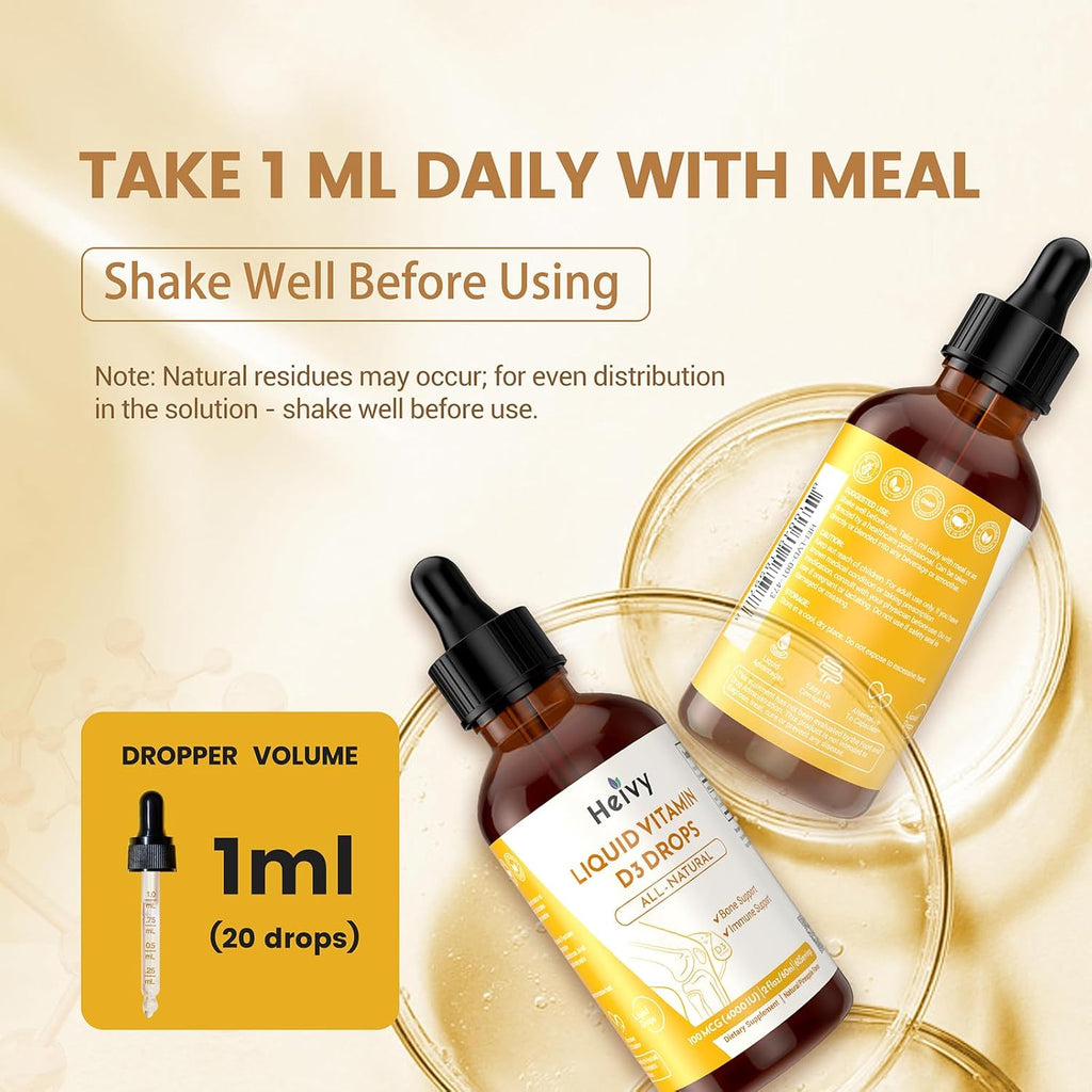 Heivy Gotas de Vitamina D3 4000 UI (100 mcg) - Líquido Vegano Sabor Piña para la Salud Ósea e Inmune, 60 Dosis (60ml)