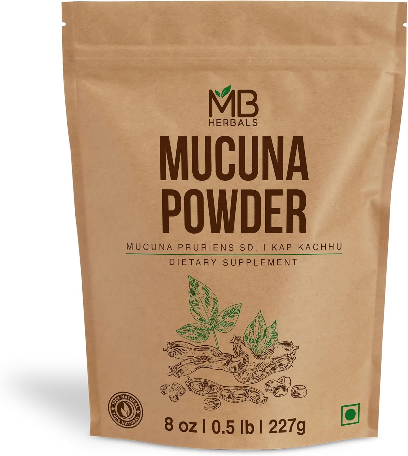 MB Herbals Mucuna Pruriens en Polvo - 227 g (8 oz) - 100% Puro y Natural, Vegano, No GMO