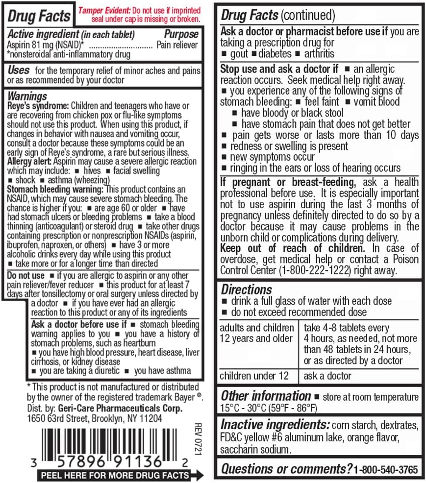 GeriCare Aspirina 81 mg Masticable para Adultos, Alivio del Dolor y Reductor de Fiebre, 36 Comprimidos
