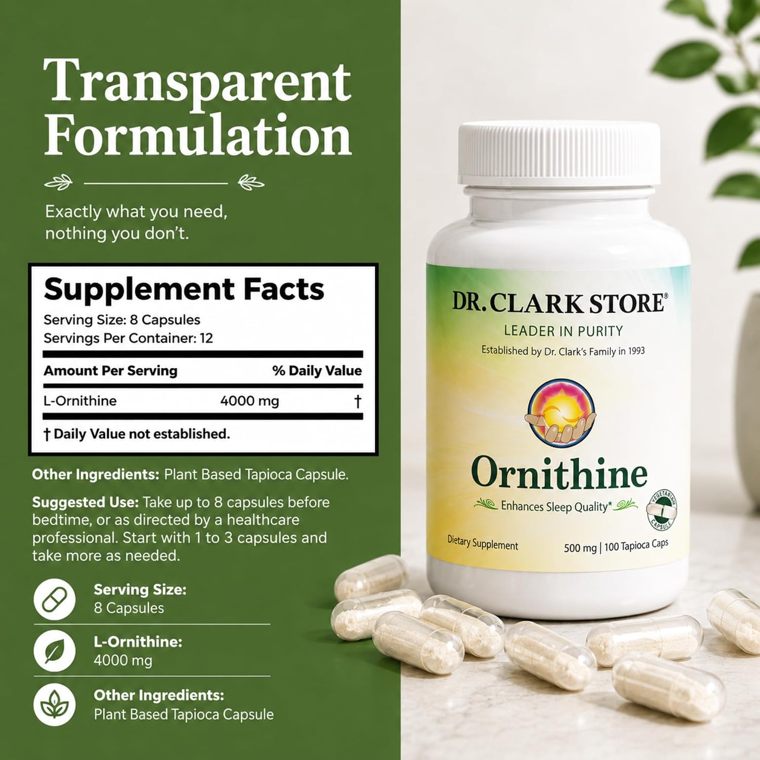 Dr. Clark L-Ornitina 500mg, 100 Cápsulas de Tapioca