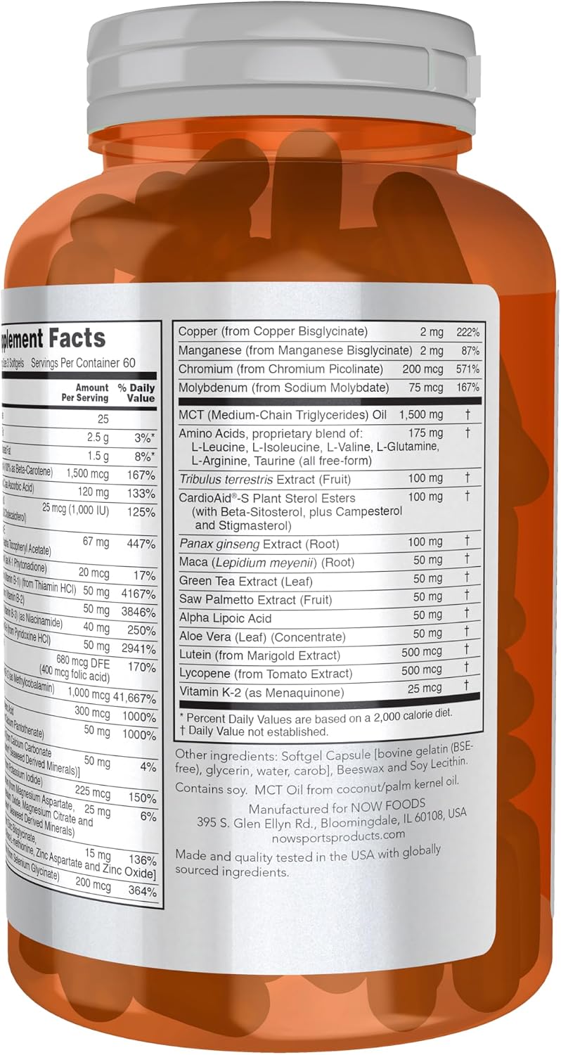 NOW Foods Sports Nutrition, Multivitamínico Extreme Sports para Hombres con Aminoácidos, ZMA, Tribulus, MCT y Extractos Herbales, 180 Cápsulas Blandas